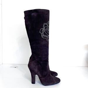 Betsey Johnson Y2K Suede Bling Knee High Boots Size 7M Brown Western Rhinestone